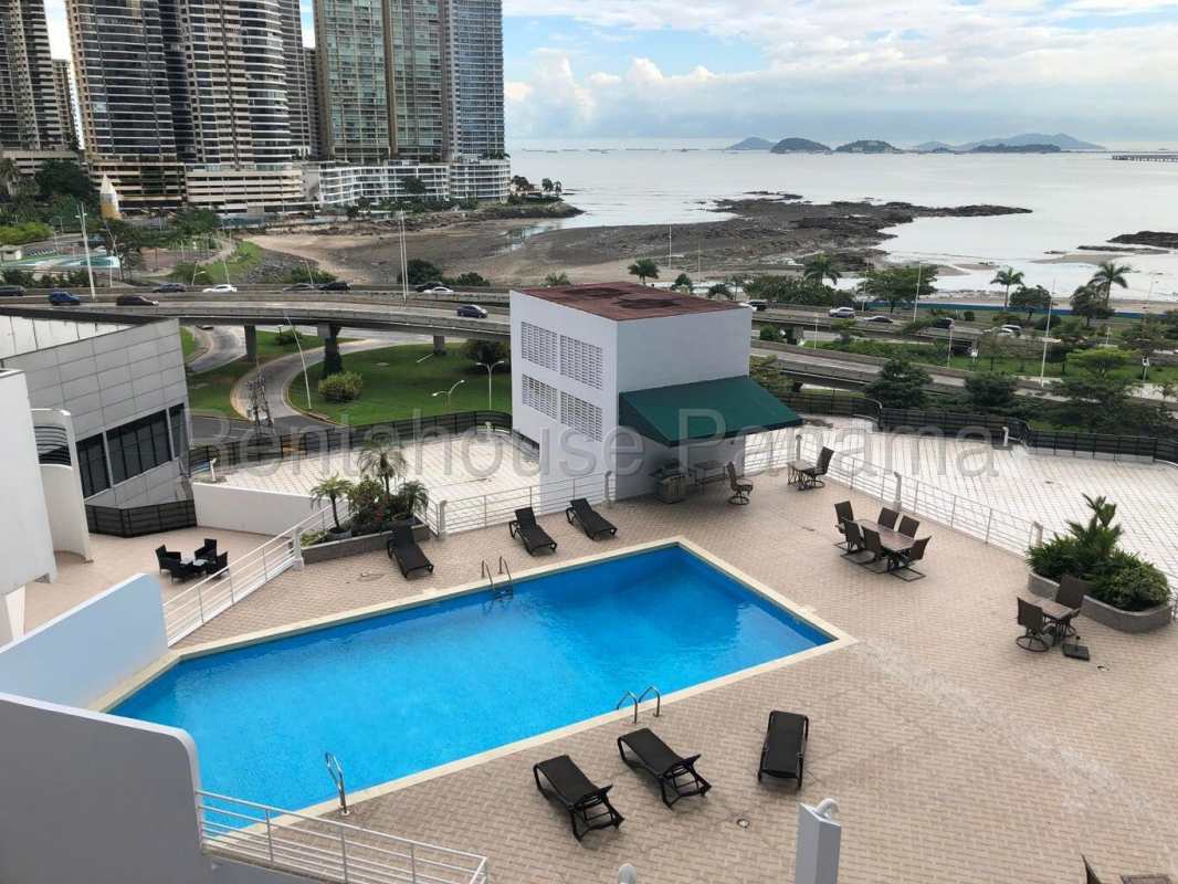 Rooftop swimming pool with sun loungers overlooking ocean and skyline at PH Torres del Pacífico Marbella