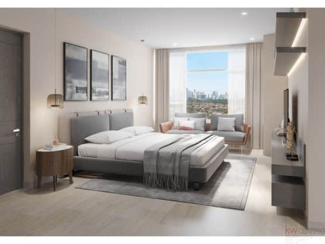 Spacious bedroom with panoramic window views in PH Celeste, Santa María Golf Panama City