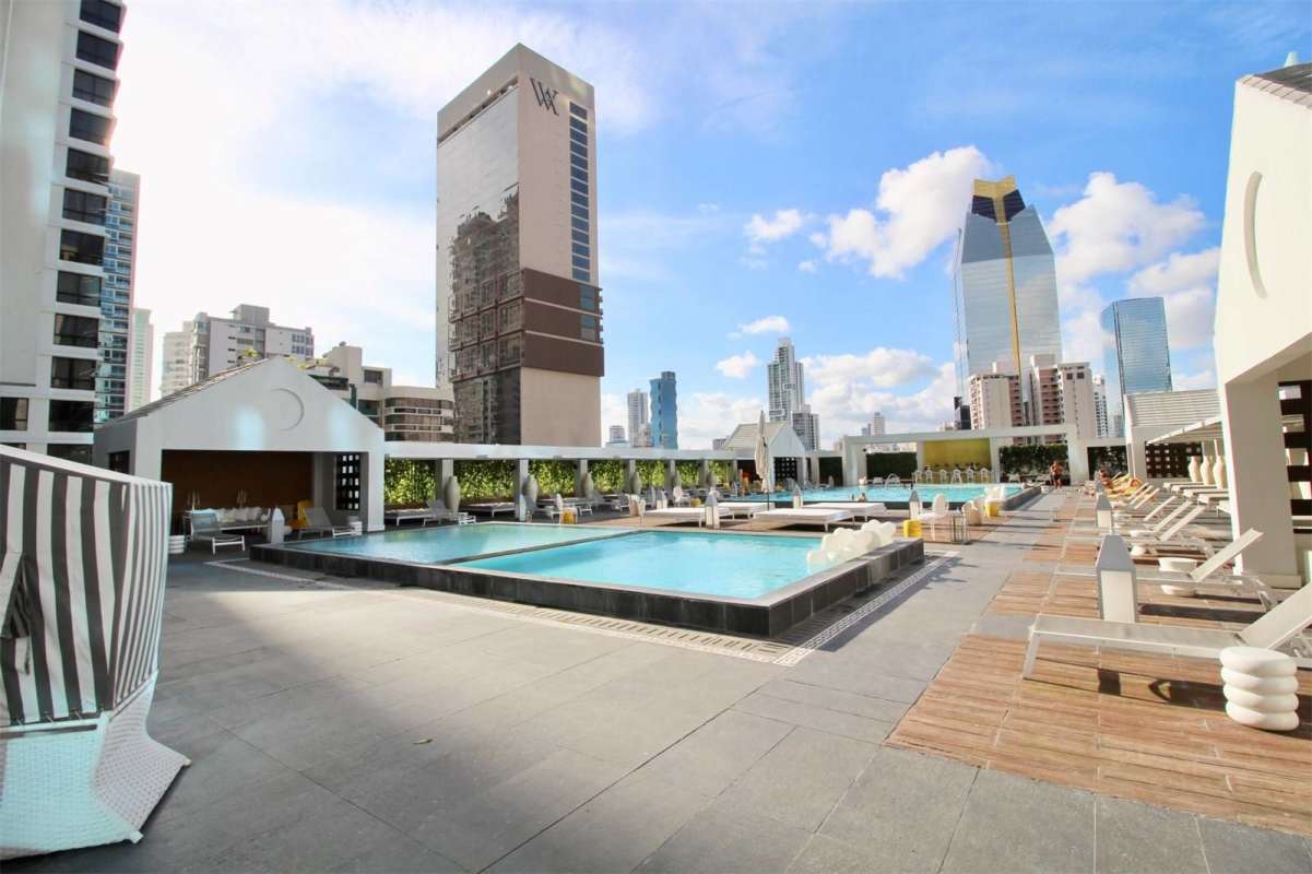 Rooftop pool with panoramic skyline and ocean views in PH YOO Panama Avenida Balboa