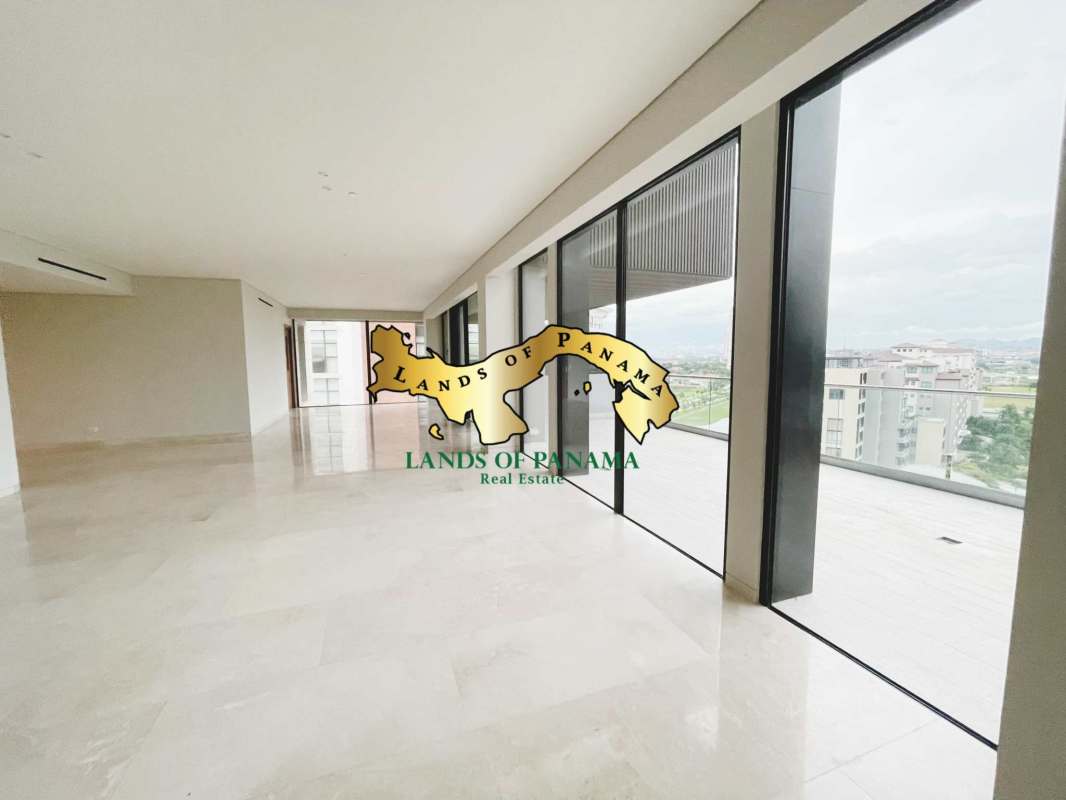 Spacious master bedroom floor-to-ceiling windows marble floors golf & city view PH Santa Maria Panama