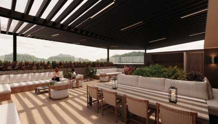 Aerial mountain view of The Woods Boquete community with green landscape river and town