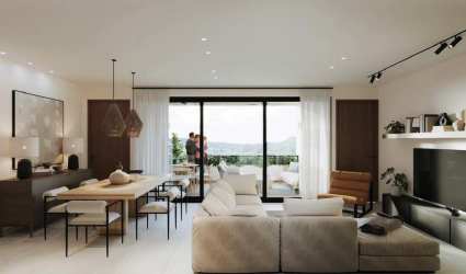 Modern exterior of Boquete residential buildings with balconies plants mountain backdrop