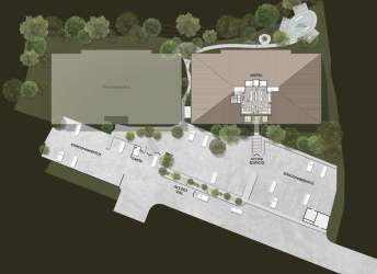 Aerial schematic of The Woods Boquete residential site plan parking green areas building layout Panama