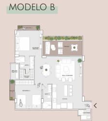 Modern two-bedroom apartment floor plan terrace open kitchen living laundry at The Woods Boquete Panama