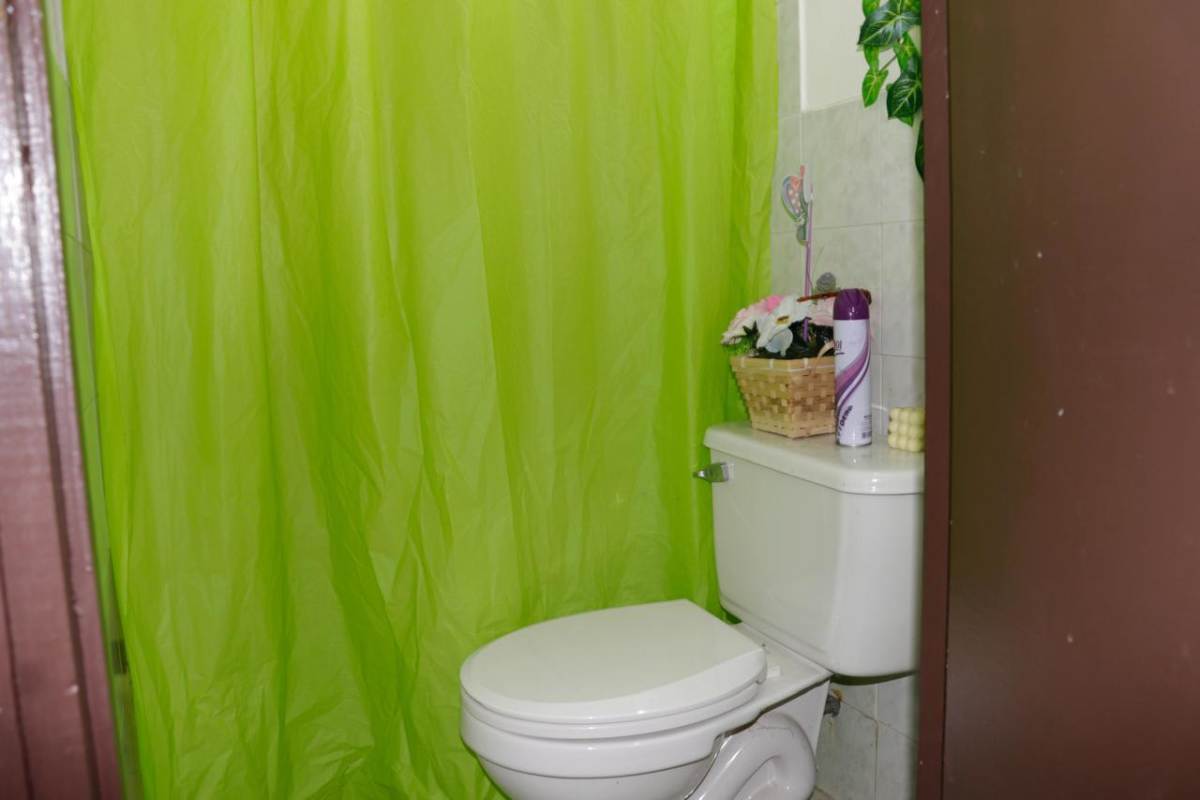 Small bath with shower curtain and white toilet in house Punta del Este Panama