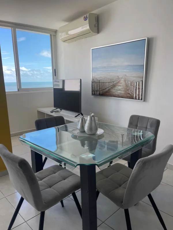 Modern granite countertop kitchen with stainless appliances in Bay View Towers Avenida Balboa Panama