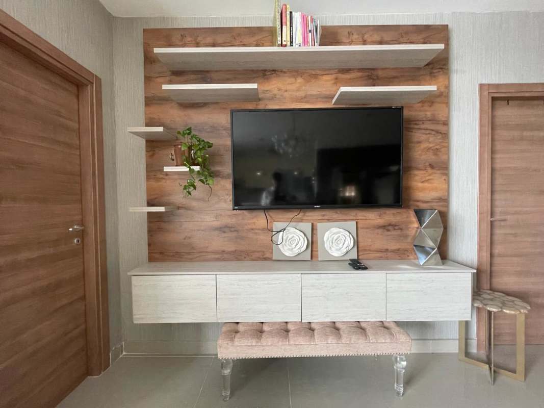 Contemporary bathroom with walk-in glass shower, vanity and mirror cabinets rental Panama