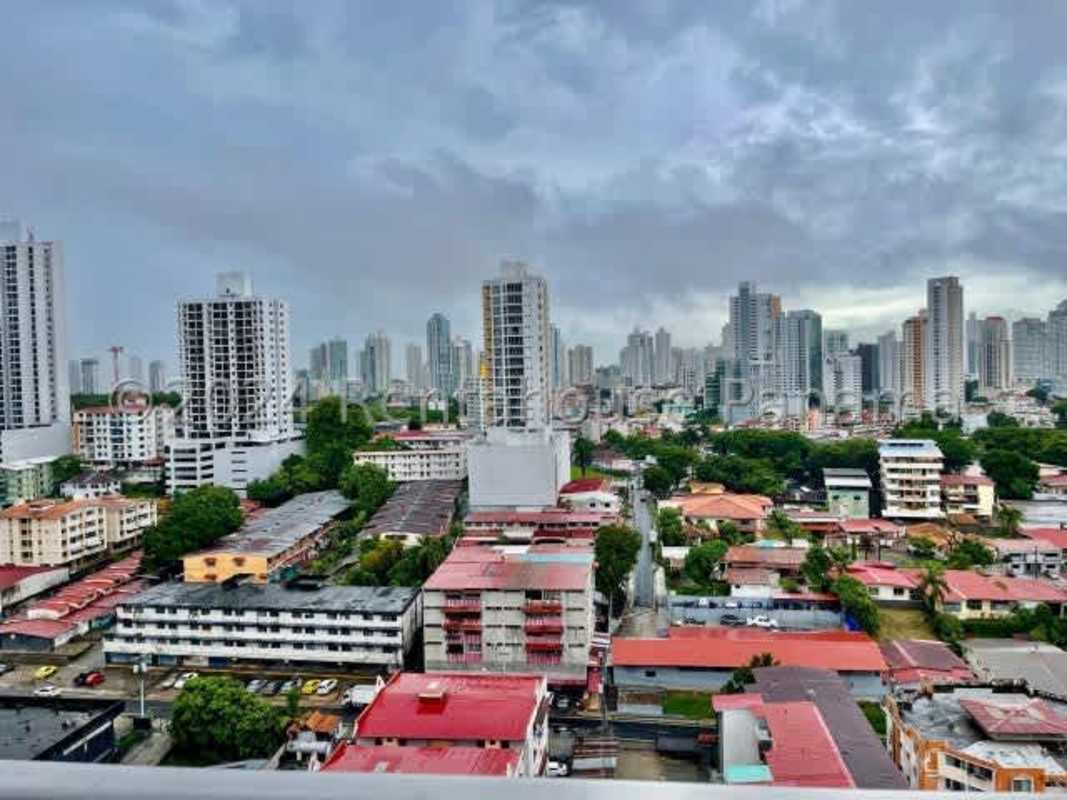 Compact modern kitchen with granite countertops, cabinets, and appliances in furnished apartment Vía España Panama City