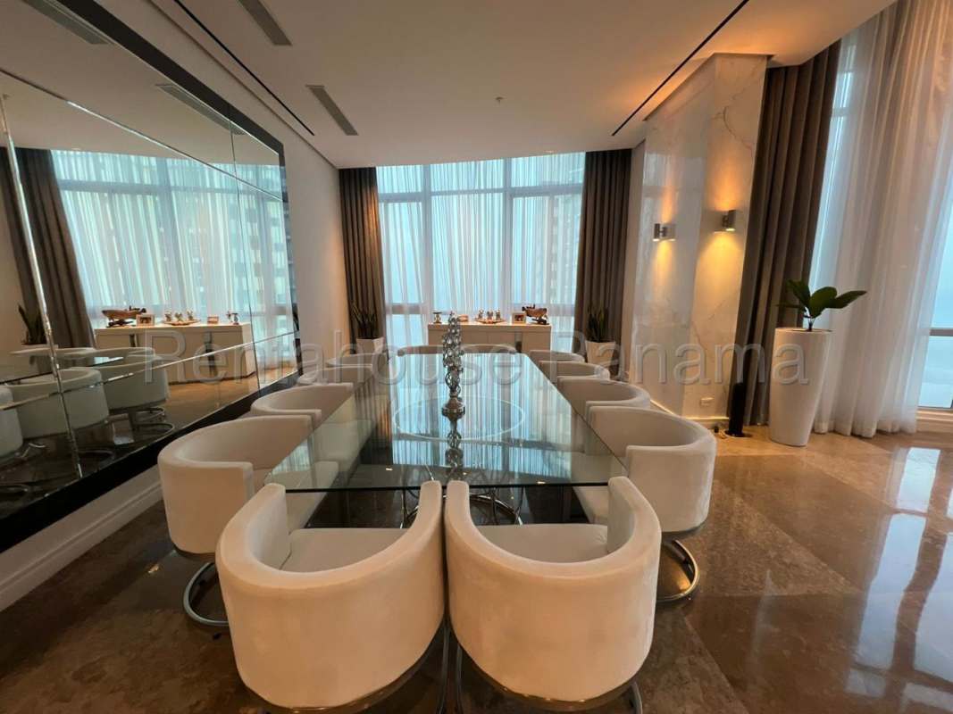 Spacious luxury living dining room with marble floors, panoramic ocean city views in Punta Pacifica