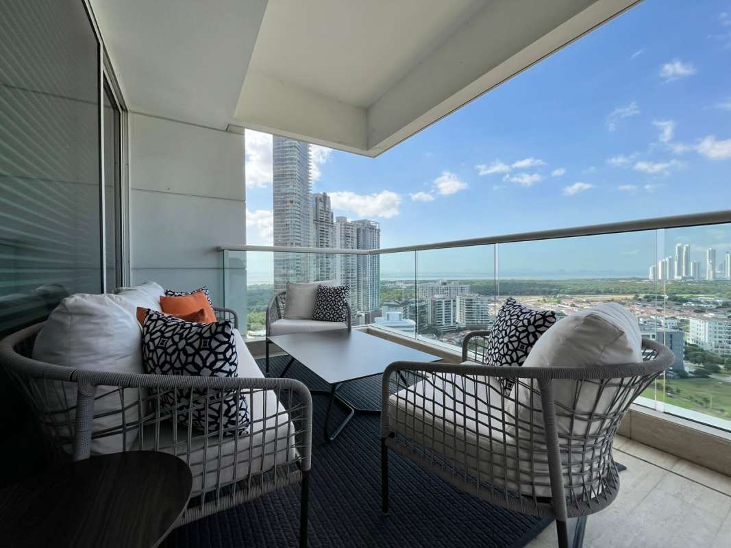 Modern bedroom with large panoramic window and contemporary furniture in PH Solana Santa Maria Panama