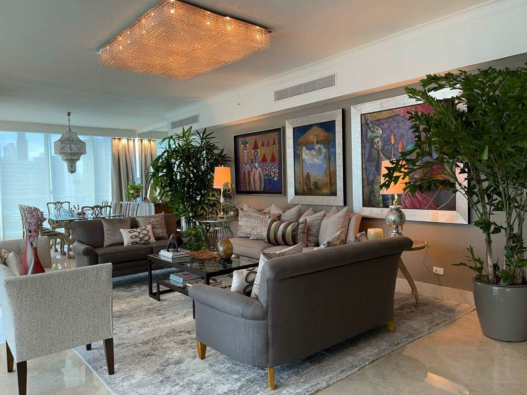 Luxurious home bar and lounge area with panoramic windows in The Point Punta Paitilla