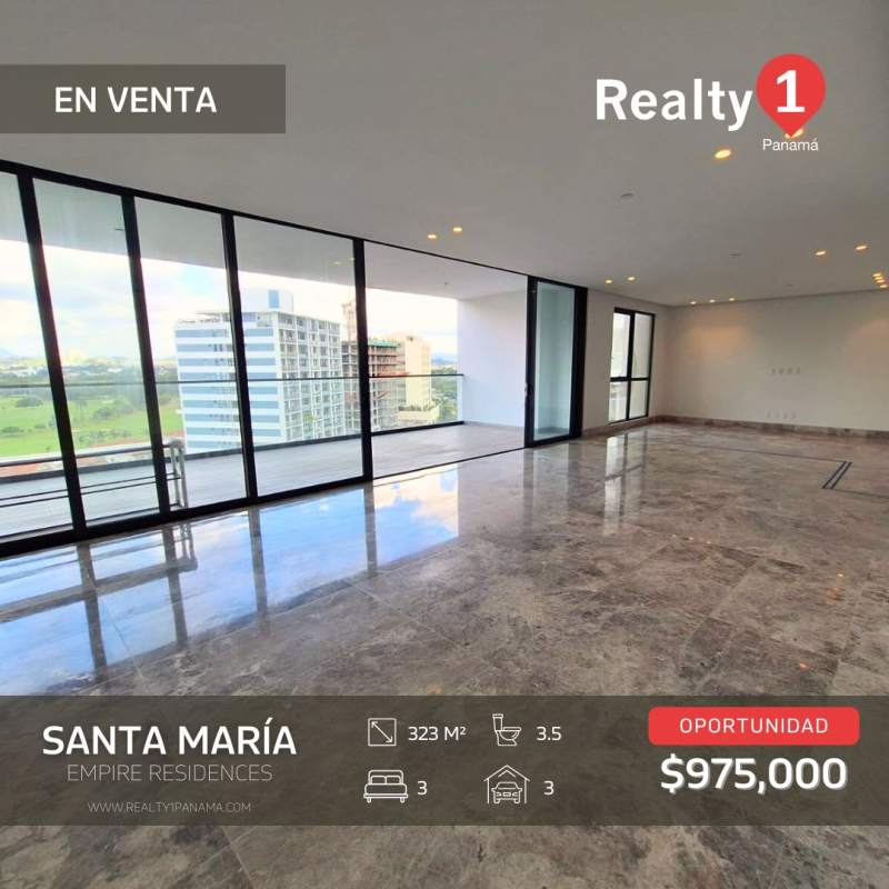 Luxury apartment living room with marble floors, floor-to-ceiling windows, scenic views in Santa María Panama