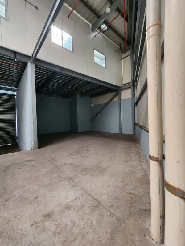 Open industrial warehouse interior with beams and large windows for rent Tocumen Panama