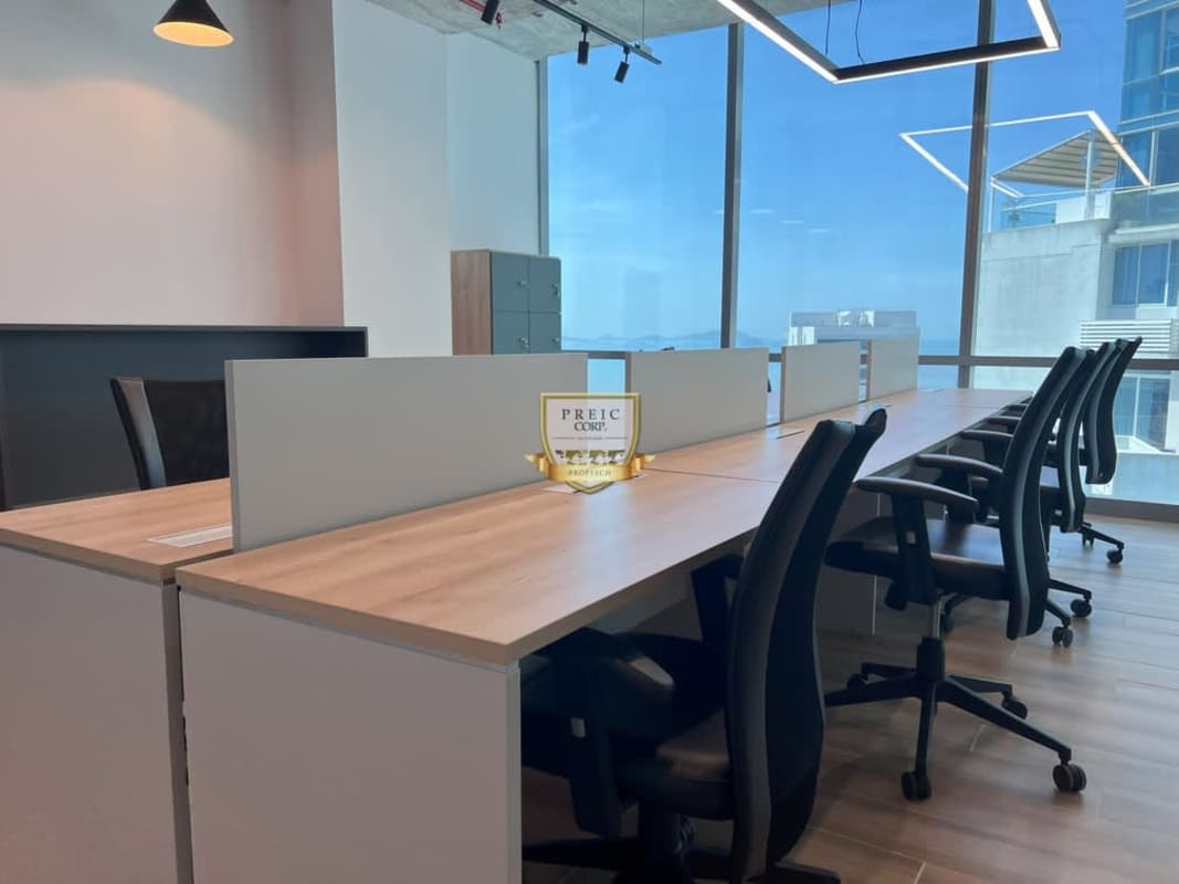 Bright open-plan office workspace with partitioned desks and large windows at Costa del Este Panama