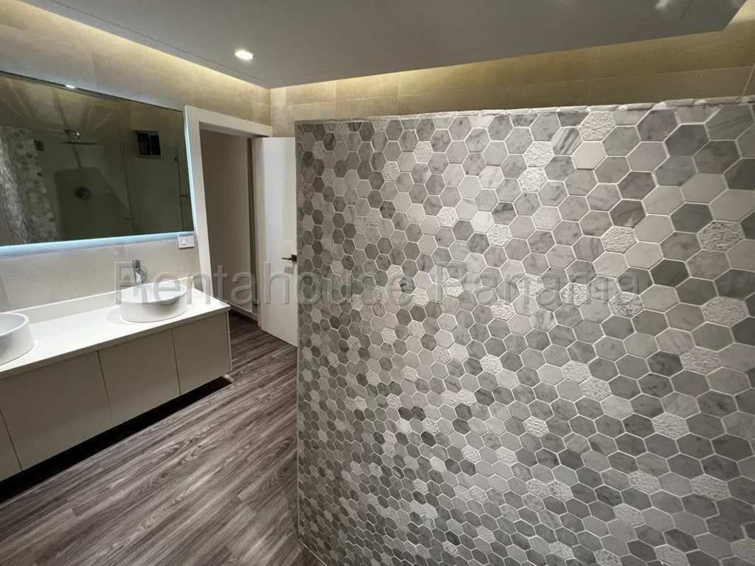 Contemporary bathroom imported porcelain tiles glass enclosed shower PH Serenade San Francisco Panama
