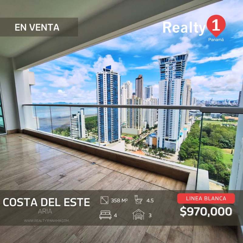 Glass balcony with panoramic ocean and skyline views in PH Aria Costa del Este Panama luxury tower