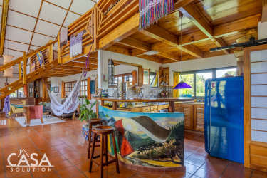 Serene patio with tropical foliage, flowers and mountain views in Boquete Panama