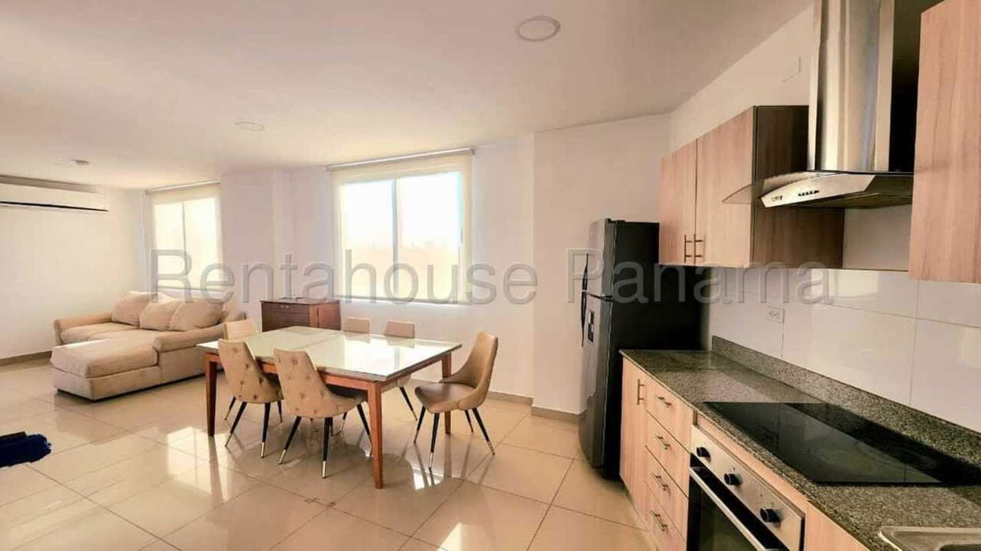 Modern kitchen and dining space in furnished apartment Costa del Este Panama City