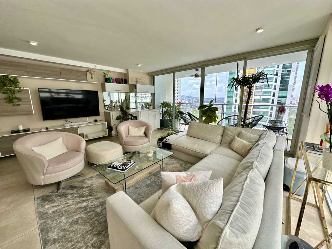 Balcony on 28th floor with views to Costa del Este park and skyline at PH Lumiere Panama