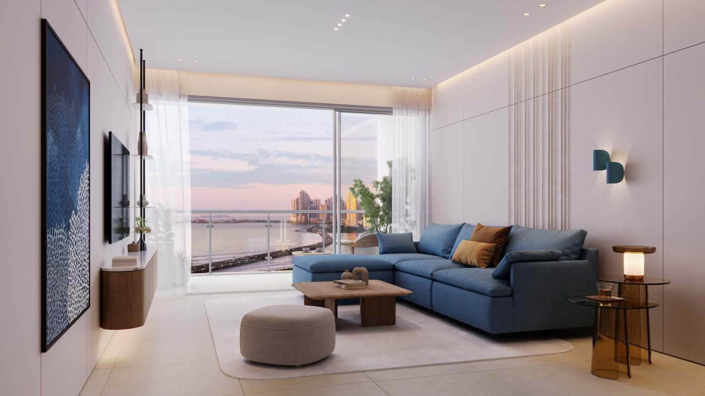 Contemporary living area with floor-to-ceiling glass and panoramic ocean views at Kai Tower Costa del Mar Panama