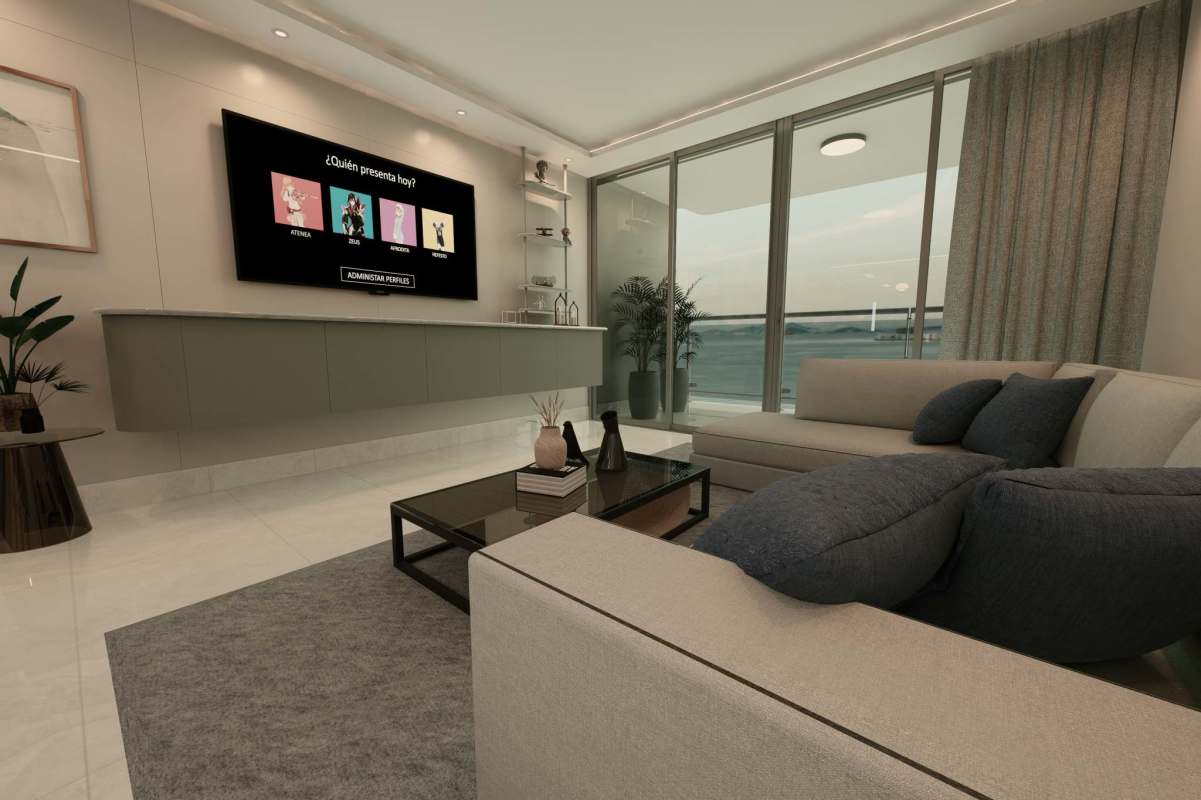 Modern coastal living room with balcony and city skyline view Kai Tower Panama City