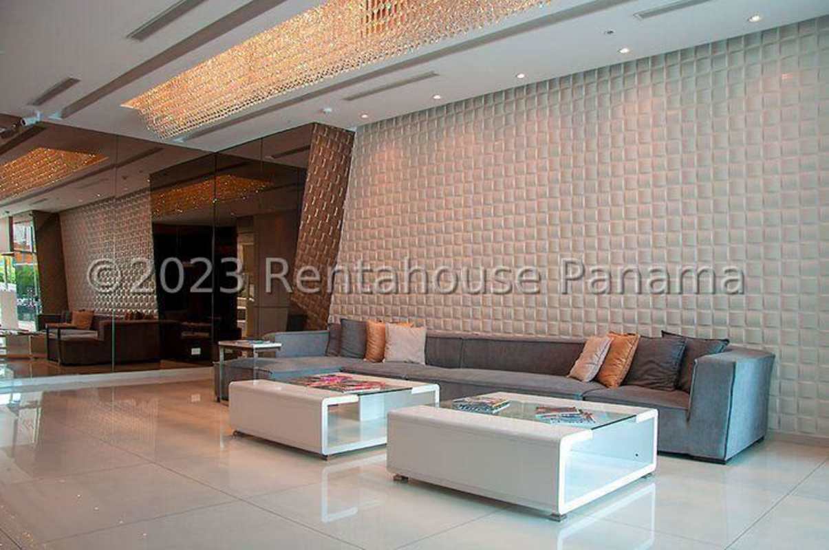 Elegant lobby with contemporary furniture and elevators in PH Costamare Costa del Este Panama