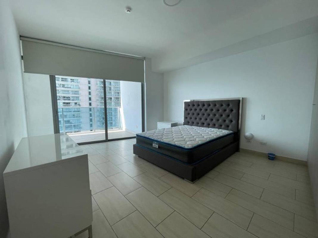 Modern bathroom with double sink vanity and glass shower in PH Grand Tower Punta Pacifica luxury apartment rental