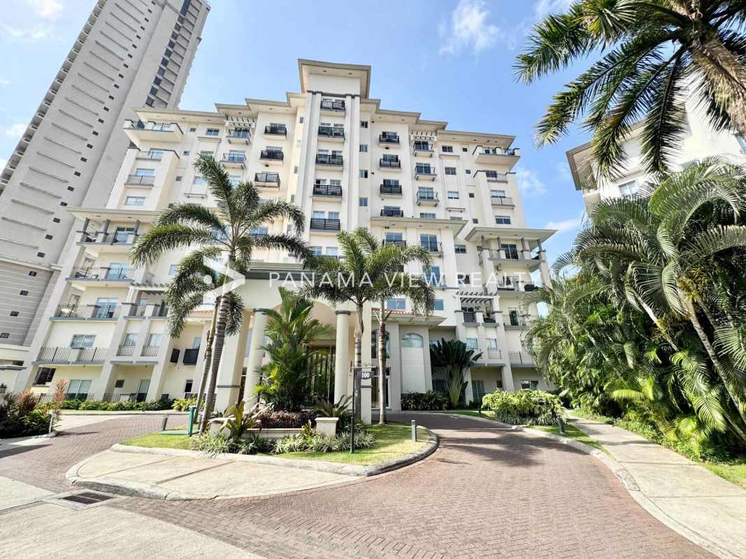 Façade of luxury Mediterranean-style condo at The Reserve overlooking golf in Santa Maria Panama