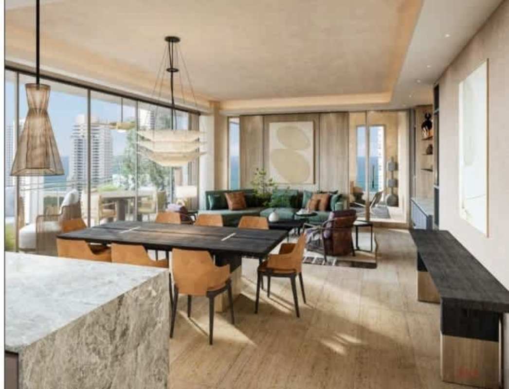 Modern living room green sectional ocean city view balcony PH Madero Costa del Este Panama