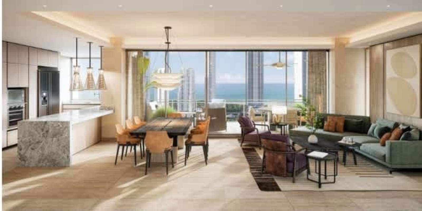 Luxury kitchen with marble island modern cabinetry ocean view PH Madero Costa del Este Panama