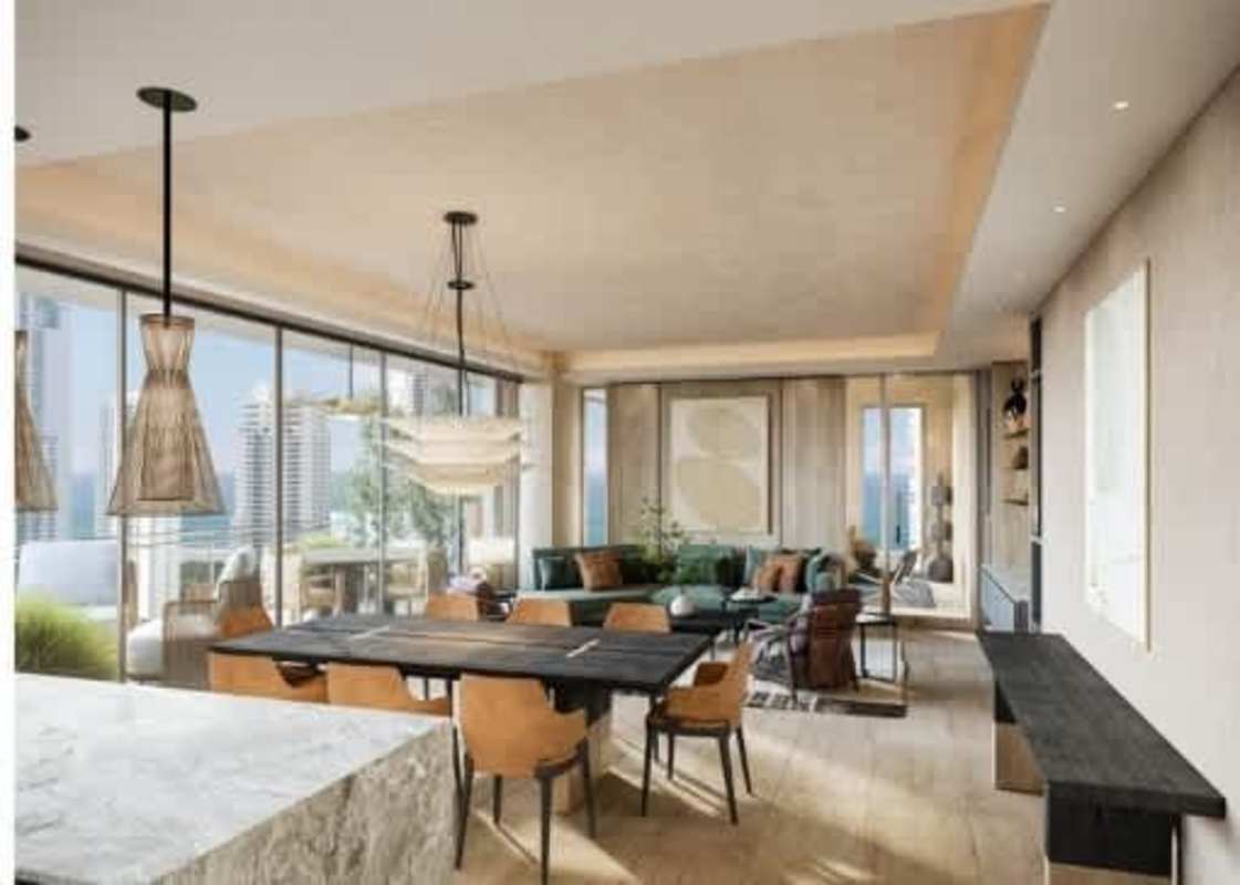 Panoramic open-plan living dining room marble island city ocean views PH Madero Costa del Este Panama