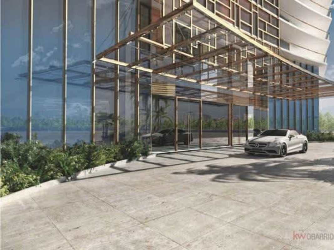 Spacious modern bedroom with marble wall, panoramic window in PH La Maison Santa María Costa del Este Panama