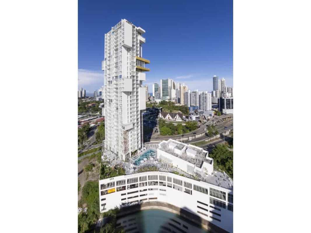 Contemporary architecture luxury high-rise condominium with glass facade and balconies Avenida Balboa Panama
