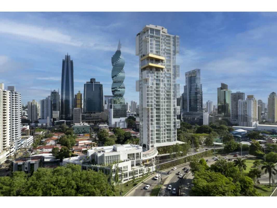 Private balcony with panoramic ocean and city skyline views in PH Wanders & Yoo Avenida Balboa Panama