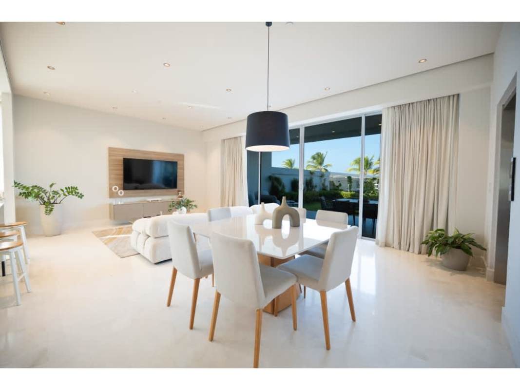 Open plan living and dining room with marina views in Ocean Reef Punta Pacifica