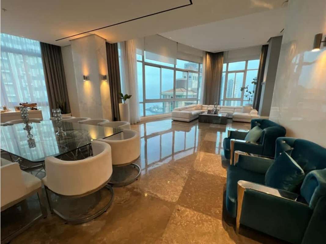 Luxury open plan living dining with marble floors and ocean view PH Blue Bahia Punta Pacifica