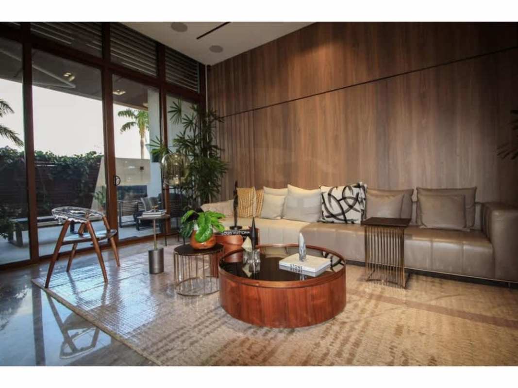 Modern bathroom with premium tile and double sinks luxury waterfront apartment Ocean Reef Panama