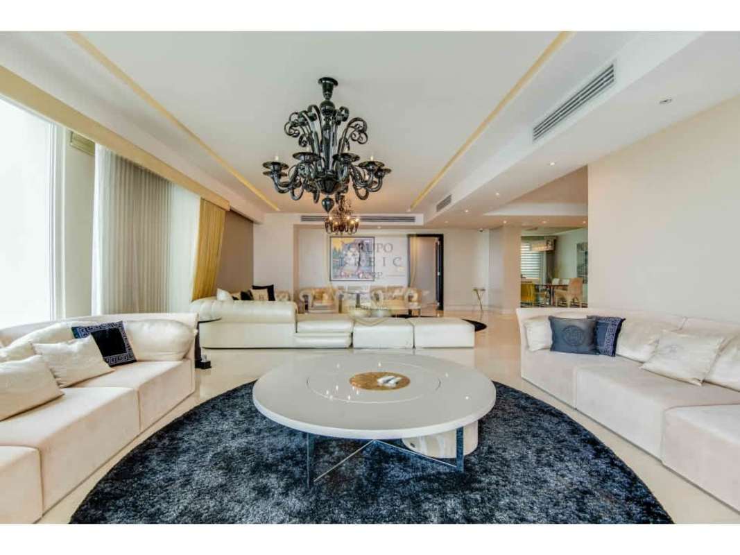 Spacious luxury kitchen with island, marble floors, stainless appliances, ocean view in Venetian Tower Punta Pacífica