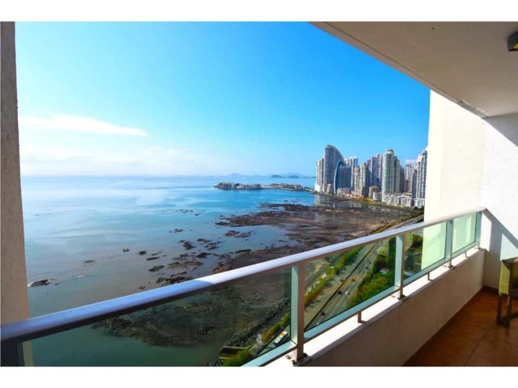 Infinity pool overlooking ocean and city skyline at PH Terrawind condominium San Francisco Panama