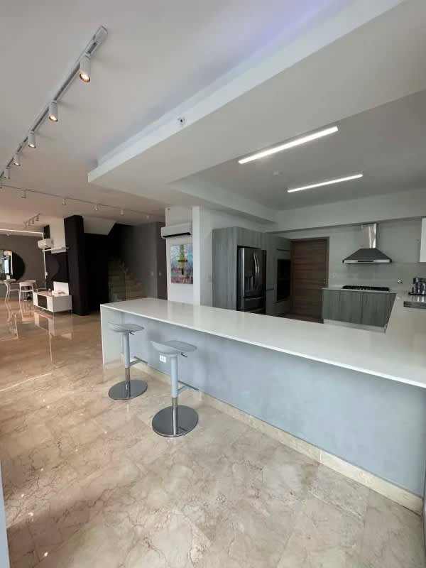 Open modern kitchen with large island, stainless appliances in PH Dynasty Residences Panama