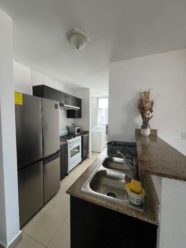 Compact open kitchen with granite countertops and appliances in PH Teus Tower Carrasquilla Panama