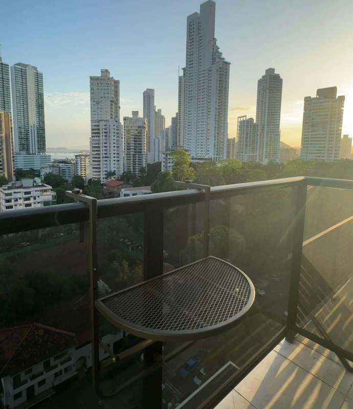 Skyline city views from private balcony in PH Mirador 50 high rise Panama City