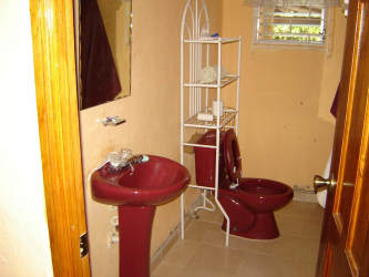 Traditional bathroom with burgundy sink toilet window Playa Malibu Gorgona beach house