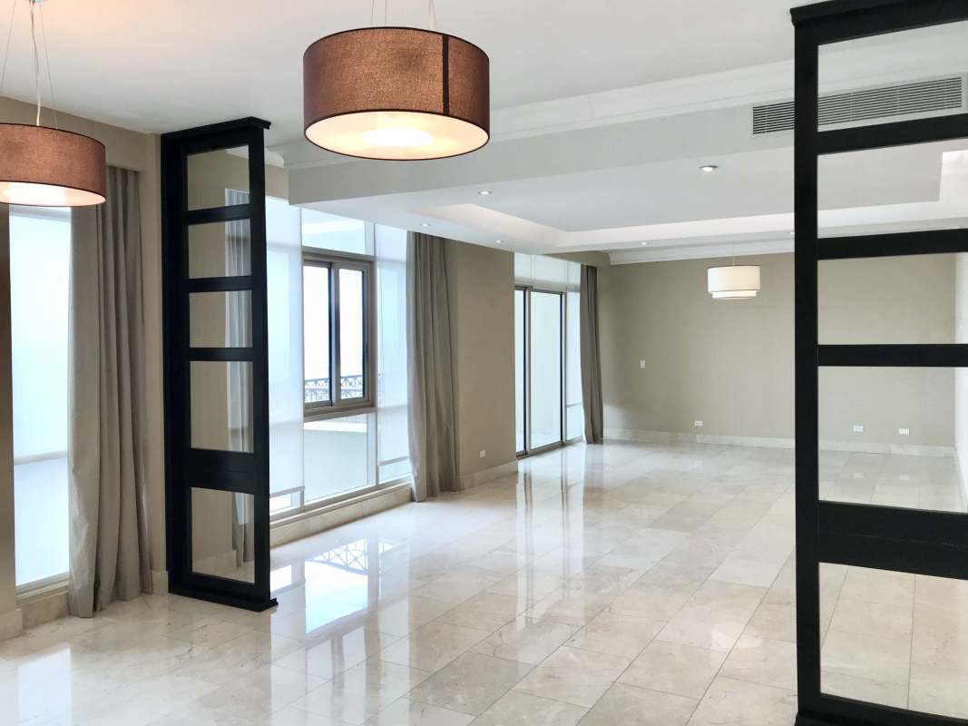 Luxury living and dining area with marble flooring sea view balcony PH Pacific Point Panama City