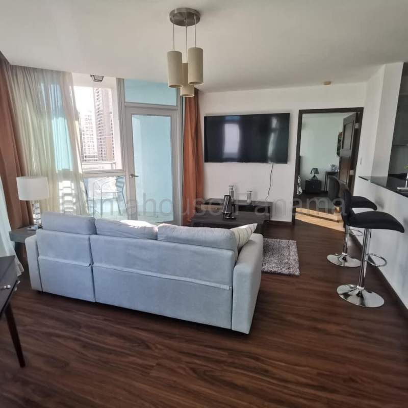 Private balcony overlooking Panama skyline and ocean in Costa del Este at PH Riverside