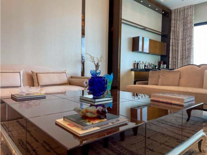 Luxury master bedroom with large ocean view windows in PH Q Tower Panama