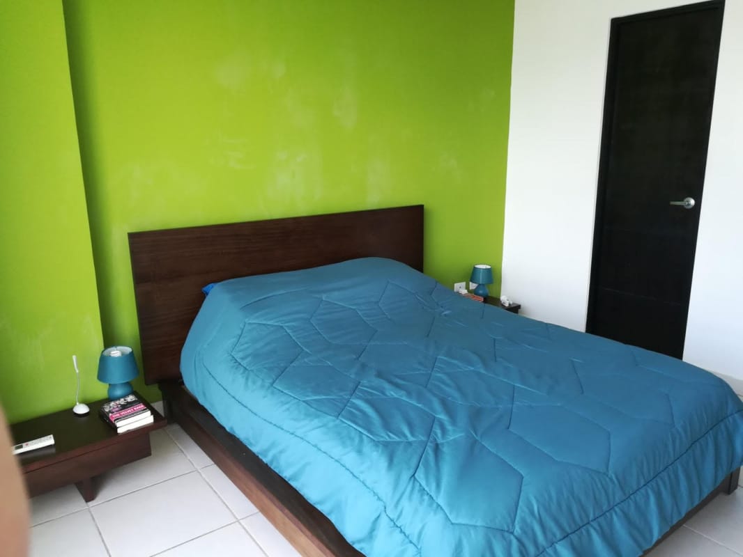 Modern bedroom with green accent wall and wood furniture Costa del Este