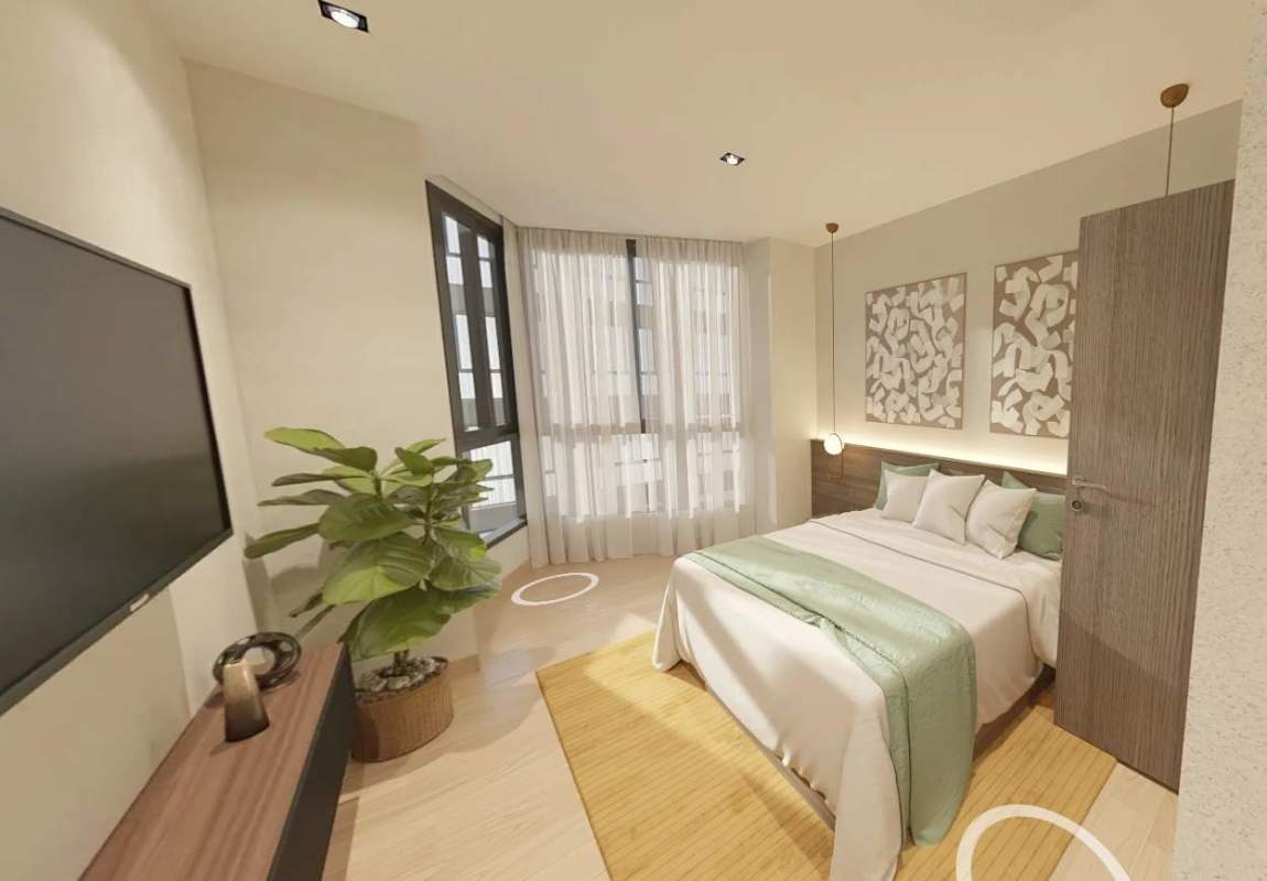 Modern apartment open concept with kitchen island, dining, living, bedroom and balcony in LOV El Cangrejo Panama