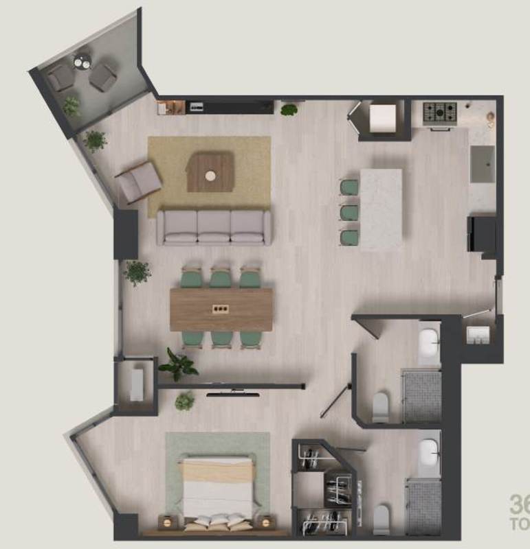 Spacious modern kitchen with island and wooden cabinetry in apartment at LOV El Cangrejo Panama