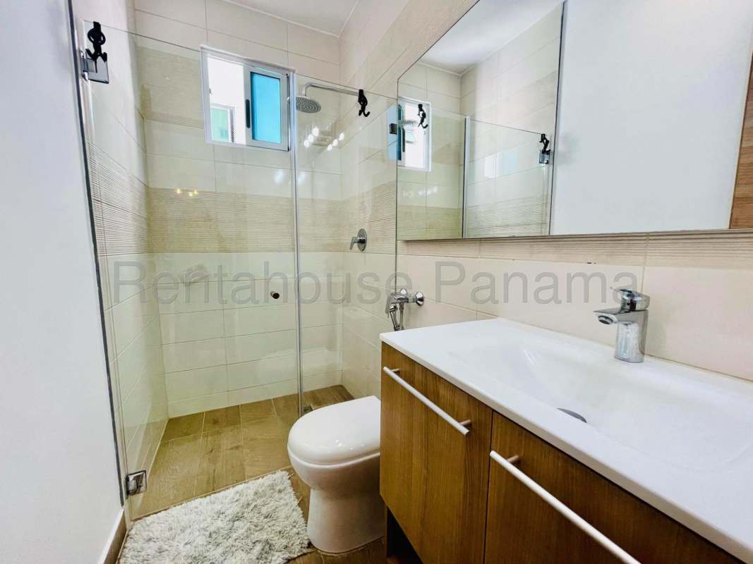 Modern bathroom with walk-in shower marble sink apartment for rent Panama City